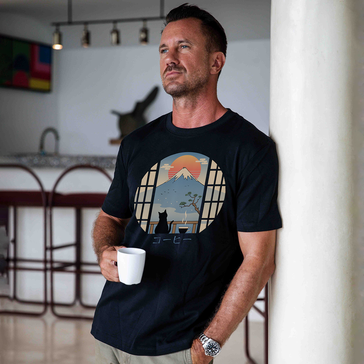 Hawaiian Tee For Men Coffee Cat in MT. FUJI Tee Crew Neck 100% Cotton