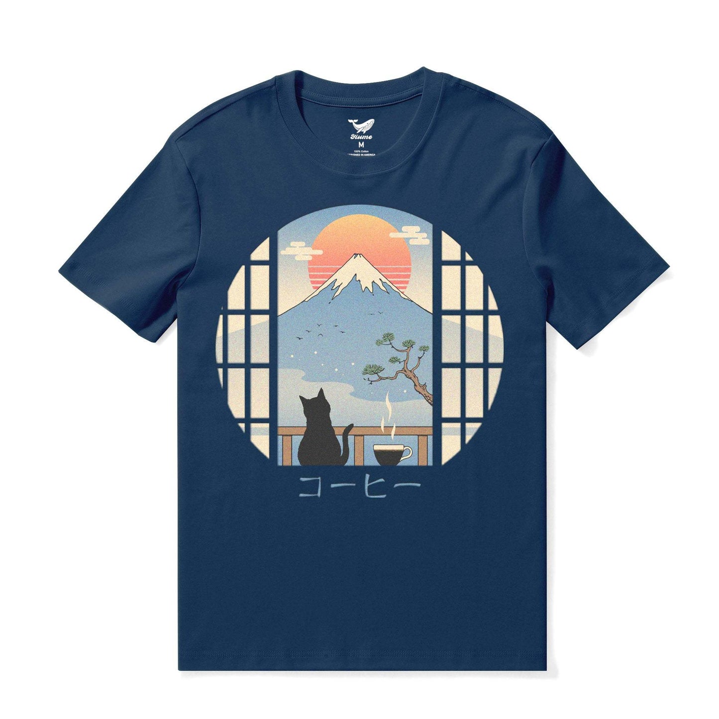 Hawaiian Tee For Men Coffee Cat in MT. FUJI Tee Crew Neck 100% Cotton