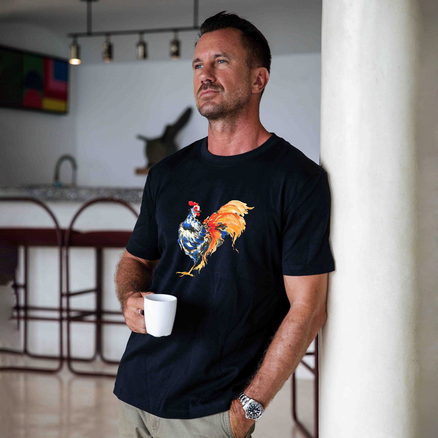 Tee Shirt Short Sleeve 100% Cotton Black Aloha Bright Rooster