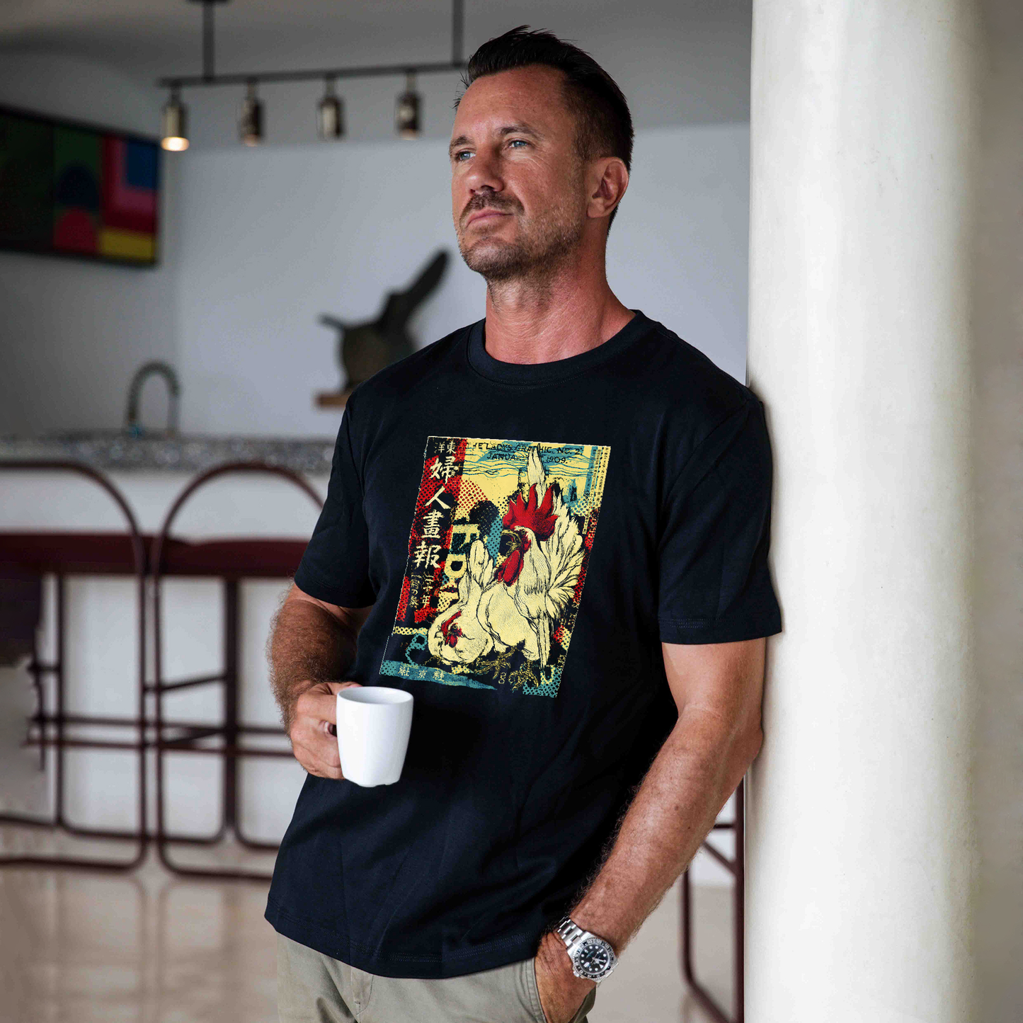 Hawaiian Tee Shirt Short Sleeve 100% Cotton Black Aloha Rooster Collage In Ukiyo-e Style