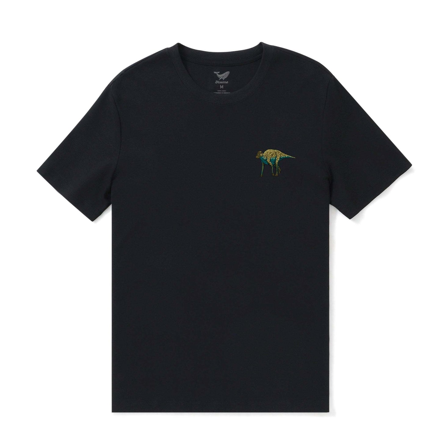 Back view of black dinosaur print men's Hawaiian tee