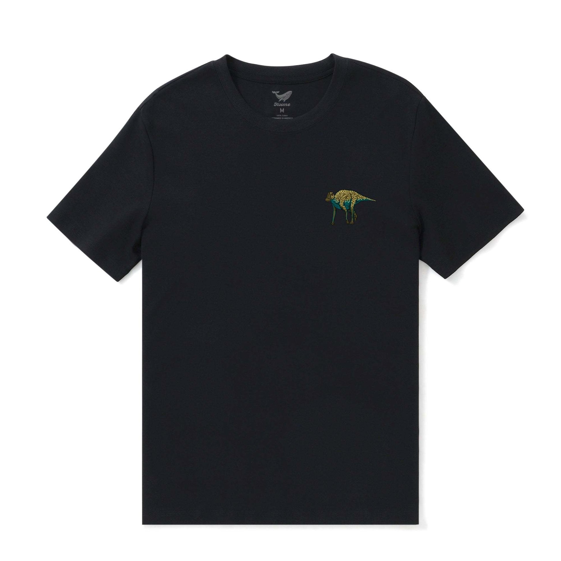Back view of black dinosaur print men's Hawaiian tee